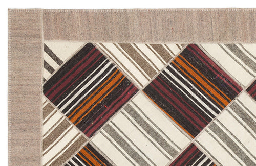 Teselya Beige Striped Wool Handmade Area Rug 6'11" x 8'10"