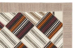 Teselya Beige Striped Wool Handmade Area Rug 6'11" x 8'10"