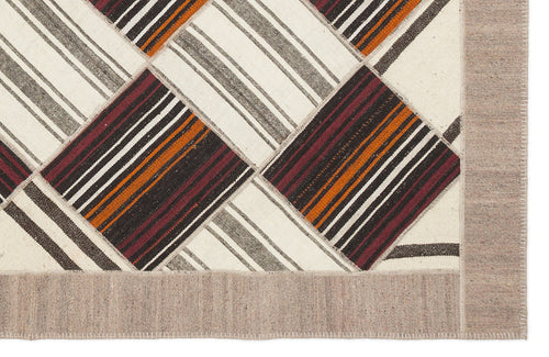 Teselya Beige Striped Wool Handmade Area Rug 6'11" x 8'10"
