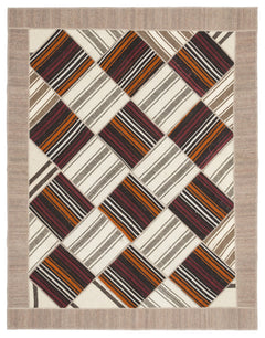 Teselya Beige Striped Wool Handmade Area Rug 6'11" x 8'10"