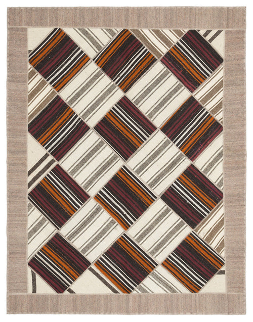 Teselya Beige Striped Wool Handmade Area Rug 6'11" x 8'10"