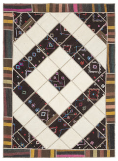 Teselya Beige Striped Wool Handmade Area Rug 6'11" x 9'9"