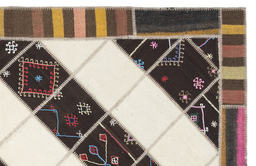 Teselya Beige Striped Wool Handmade Area Rug 6'11" x 9'9"