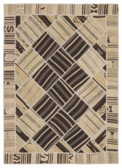 Teselya Beige Striped Wool Handmade Area Rug 5'1" x 8'7"