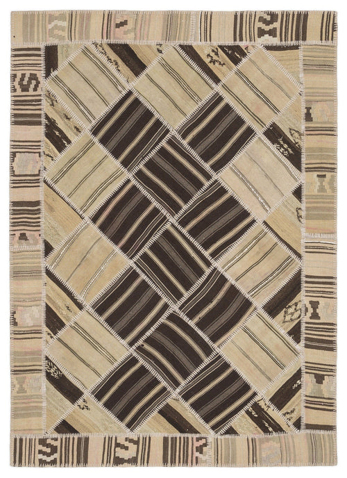 Teselya Beige Striped Wool Handmade Area Rug 5'1" x 8'7"