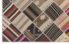 Teselya Beige Striped Wool Handmade Area Rug 5'10" x 8'8"