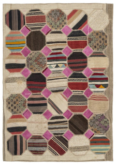 Teselya Beige Patchwork Wool Handmade Area Rug 5'3" x 9'10"