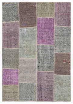 Teselya 1158 Purple Patchwork Wool Handmade Area Rug 5'3" x 7'7"