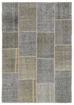 Teselya 1172 Grey Patchwork Wool Handmade Area Rug 5'3" x 7'7"