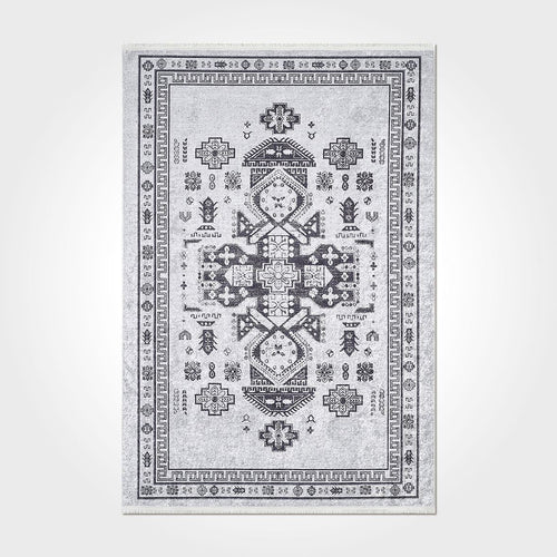Grey Chenille Area Rug – Washable Non Slip Cotton Polyester Carpet with Modern Frame Design