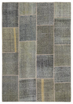 Teselya 1191 Grey Patchwork Wool Handmade Area Rug 5'3" x 7'7"