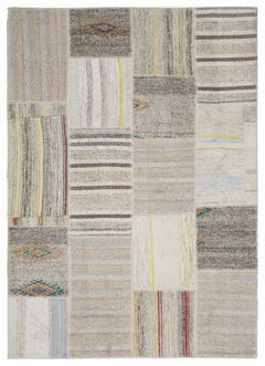 Teselya 1193 Beige Striped Wool Handmade Area Rug 5'3" x 7'7"