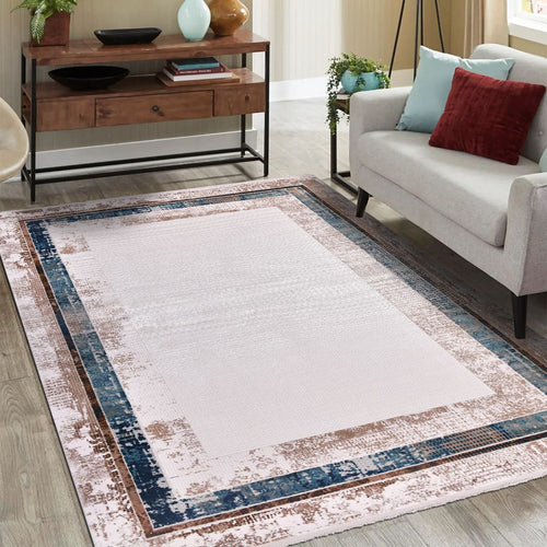 Viscose Area Rug – Machine Made Rug With Beige Frame & Overlocked Edge