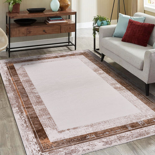 Cream Area Rug - Machine Made Rug with Frame Design | Durable Polyester Carpet