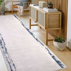 Blue Area Rug - Machine Made Rug With Frame Design | Washable Polyester Carpet
