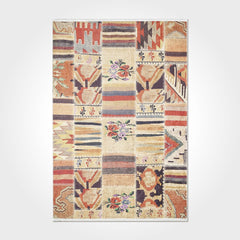 Cream Patchwork Area Rug - Washable Non Slip Chenille Cotton Rug for Living Room