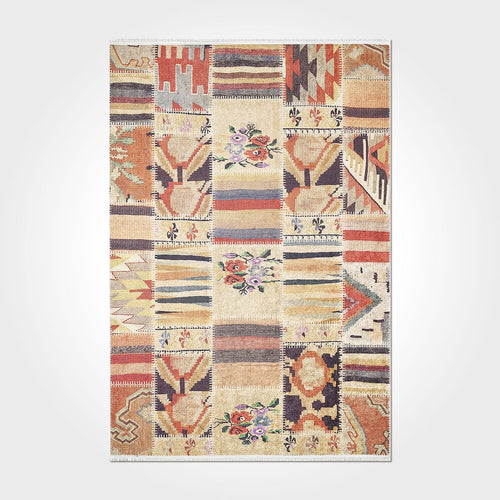 Cream Patchwork Area Rug - Washable Non Slip Chenille Cotton Rug for Living Room