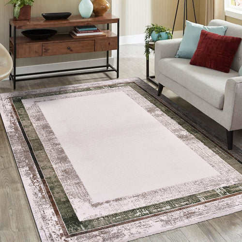 Viscose Area Rug – Machine Made Rug With Beige Frame & Cotton Weft Carpet