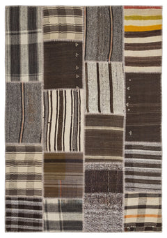 Teselya 1220 Brown Striped Wool Handmade Area Rug 5'3" x 7'7"