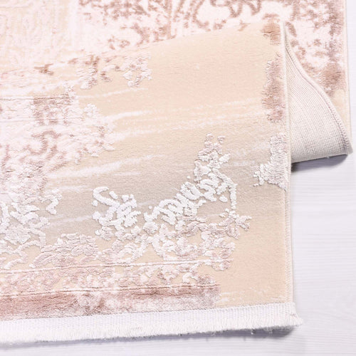 Modern Viscose Area Rug – Pink Cream Machine Made Rug With Cotton Weft