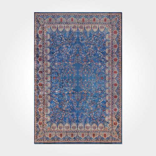 Blue Frame Area Rug – Washable Non Slip Chenille Cotton Carpet With Soft Texture