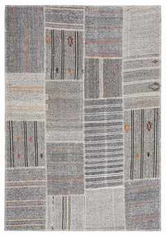 Teselya 1250 Grey Striped Wool Handmade Area Rug 5'3" x 7'7"