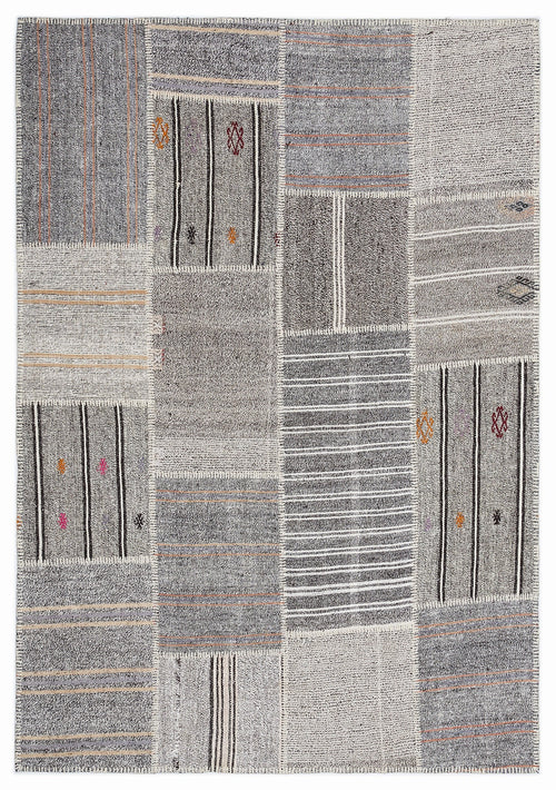 Teselya 1250 Grey Striped Wool Handmade Area Rug 5'3" x 7'7"