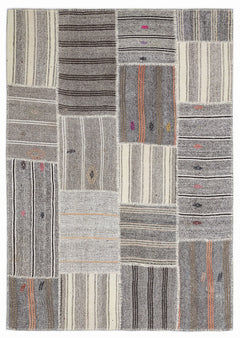 Teselya 1257 Beige Striped Wool Handmade Area Rug 5'3" x 7'7"