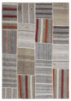 Teselya 1258 Grey Striped Wool Handmade Area Rug 5'3" x 7'7"
