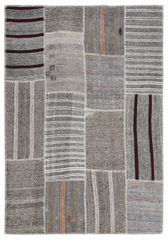 Teselya 1259 Grey Striped Wool Handmade Area Rug 5'3" x 7'7"
