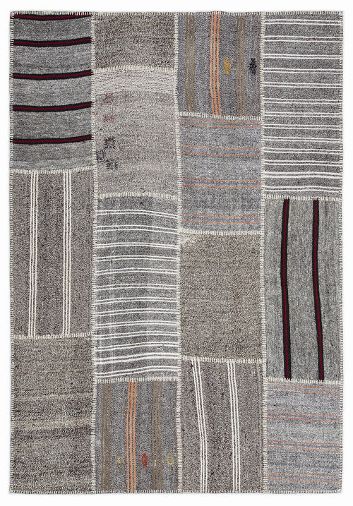 Teselya 1259 Grey Striped Wool Handmade Area Rug 5'3" x 7'7"