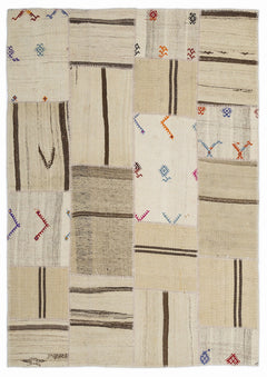 Teselya 1277 Beige Striped Wool Handmade Area Rug 5'3" x 7'7"