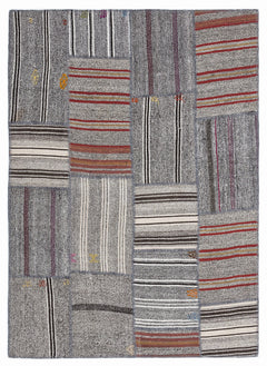 Teselya 1279 Grey Striped Wool Handmade Area Rug 5'3" x 7'7"