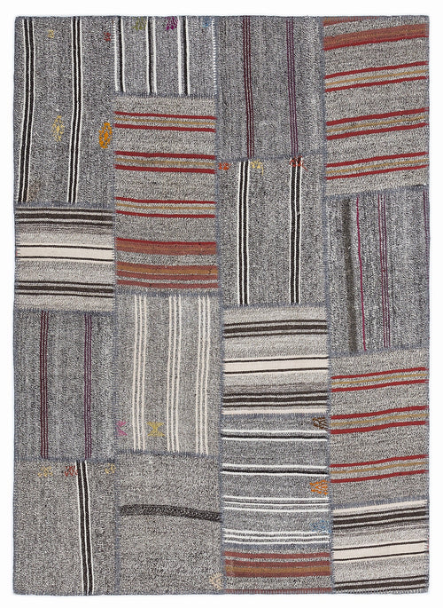 Teselya 1279 Grey Striped Wool Handmade Area Rug 5'3" x 7'7"
