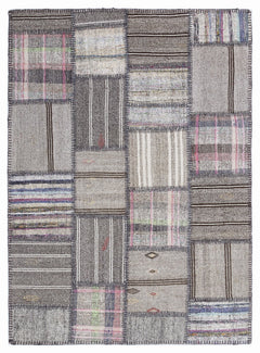 Teselya 1289 Grey Striped Wool Handmade Area Rug 5'3" x 7'7"