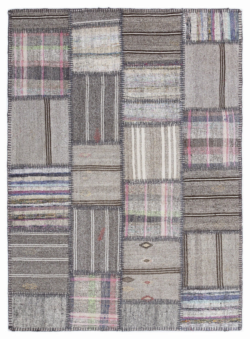 Teselya 1289 Grey Striped Wool Handmade Area Rug 5'3" x 7'7"