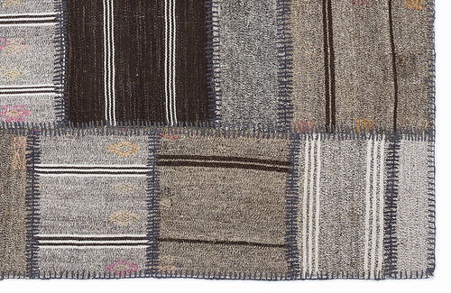 Teselya 1290 Grey Striped Wool Handmade Area Rug 5'3" x 7'7"