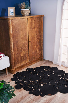 Black Geometric Jute Rug - Handmade Cotton Yarn Carpet | Anti Slip, Non Shedding