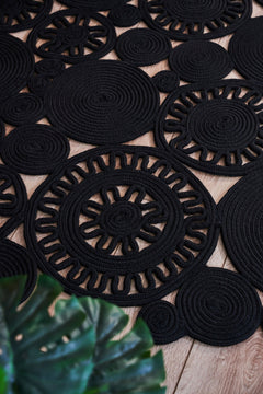 Black Geometric Jute Rug - Handmade Cotton Yarn Carpet | Anti Slip, Non Shedding