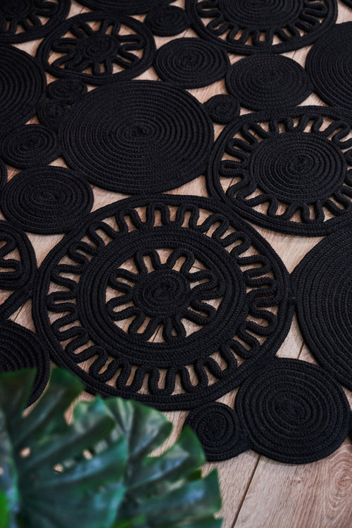 Black Geometric Jute Rug - Handmade Cotton Yarn Carpet | Anti Slip, Non Shedding