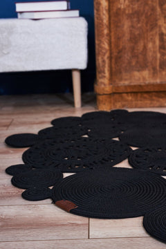 Black Geometric Jute Rug - Handmade Cotton Yarn Carpet | Anti Slip, Non Shedding