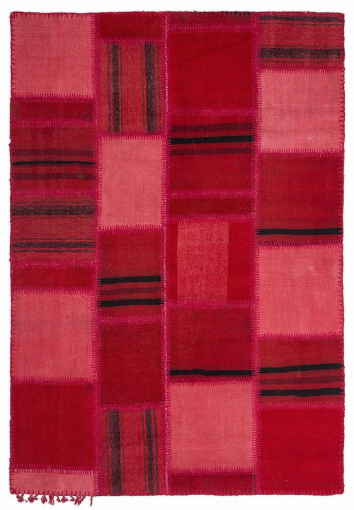 Teselya Red Patchwork Wool Handmade Area Rug 5'3" x 7'7"