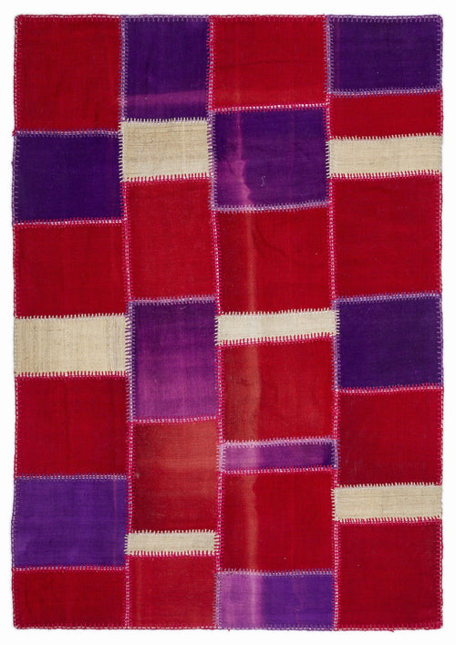 Teselya 1306 Pink Patchwork Wool Handmade Area Rug 5'3" x 7'7"