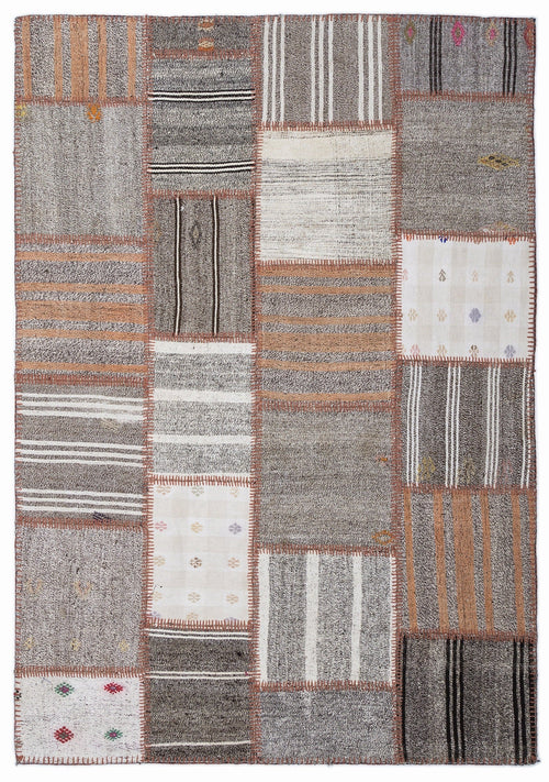 Teselya 1307 Brown Striped Wool Handmade Area Rug 5'3" x 7'7"