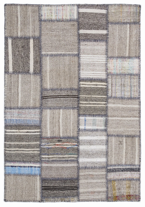 Teselya 1324 Beige Striped Wool Handmade Area Rug 5'3" x 7'7"