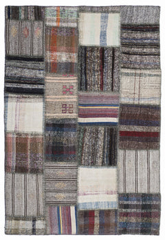 Teselya 1329 Grey Striped Wool Handmade Area Rug 5'3" x 7'7"