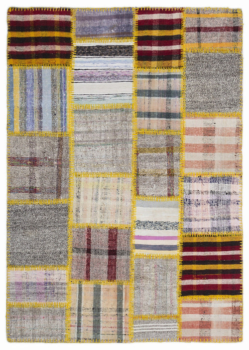 Teselya Burgundy Patchwork Wool Handmade Area Rug 5'3" x 7'7"