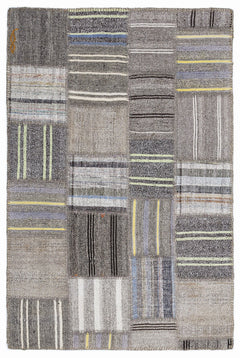 Teselya 1334 Grey Striped Wool Handmade Area Rug 5'3" x 7'7"