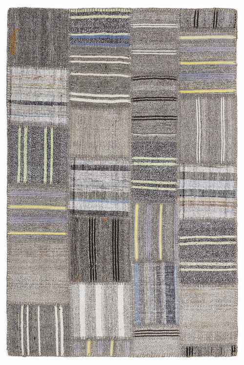 Teselya 1334 Grey Striped Wool Handmade Area Rug 5'3" x 7'7"