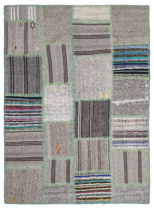 Teselya 1340 Grey Striped Wool Handmade Area Rug 5'3" x 7'7"
